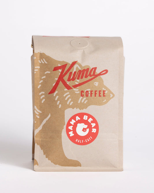 Momma Bear 50 50 Decaf Regular Blend bag with a red half caf badge and bear graphic