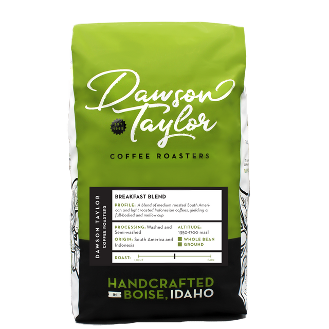 Bright green Dawson Taylor Breakfast Blend coffee bag with white script logo and roast origin label.