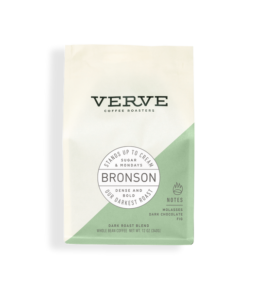 Verve Bronson dark roast coffee bag with circular Bronson label and a mint green diagonal panel.