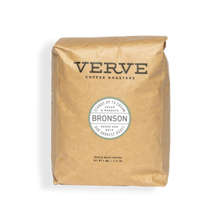 Wilder seasonal blend coffee bag in bright blue packaging with geometric flower artwork and Verve branding.