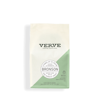 Bronson dark roast coffee bag with Verve branding and a green diagonal panel.