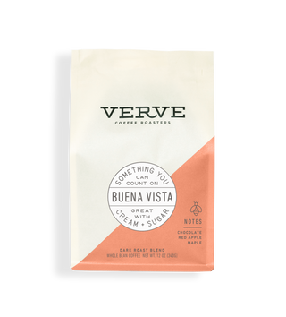 Verve Buena Vista dark roast coffee bag with white upper half peach diagonal panel and circular Buena Vista label.