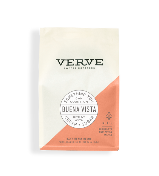 Verve Buena Vista dark roast coffee bag with white upper half peach diagonal panel and circular Buena Vista label.