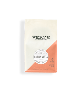 Verve Buena Vista coffee bag with white body peach diagonal panel and circular Buena Vista label