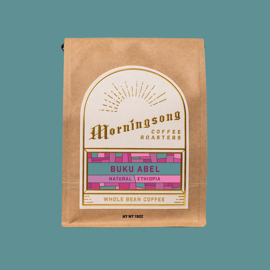 Buku Abel Natural Ethiopia coffee bag from Morningsong Coffee Roasters with a colorful Buku Abel label.