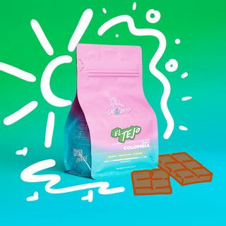 Colombia El Tejo coffee bag on a green to blue gradient background with doodled chocolate bricks.