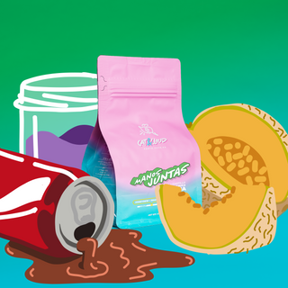Colombia Manos Juntas Natural coffee bag in pink standing pouch with colorful background illustration