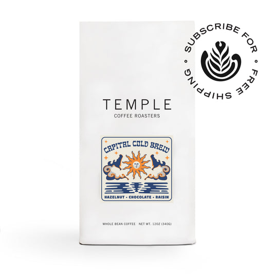 Capital Cold Brew bag with a colorful label showing a sun motif and flavor notes hazelnut chocolate raisin.