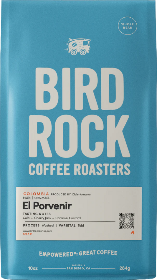 Blue Bird Rock Coffee Roasters El Porvenir coffee bag featuring a white label with tasting notes