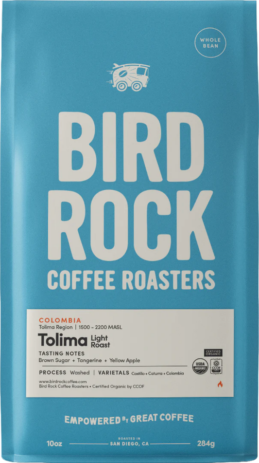 Blue Bird Rock Coffee Roasters bag displaying Tolima Organic Colombia label