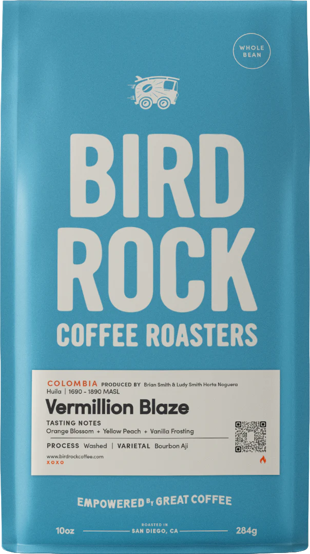 Blue Bird Rock Coffee Roasters Vermillion Blaze bag with tasting notes orange blossom yellow peach and vanilla frosting