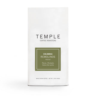 Temple Coffee Roasters Colombia Remolinos bag with white packaging and a green label reading Colombia Remolinos Huila