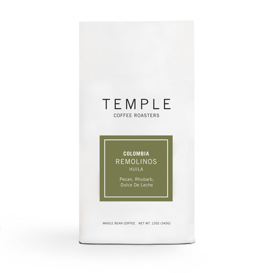 Temple Coffee Roasters Colombia Remolinos bag with white packaging and a green label reading Colombia Remolinos Huila