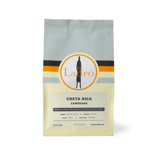 Costa Rica Zamorana coffee bag with Ladro circular logo and bold colorful bands