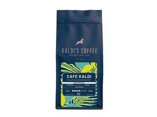 Close-up of the Cafe Kaldi coffee bag with bold Kaldi's Coffee logo and colorful label artwork.