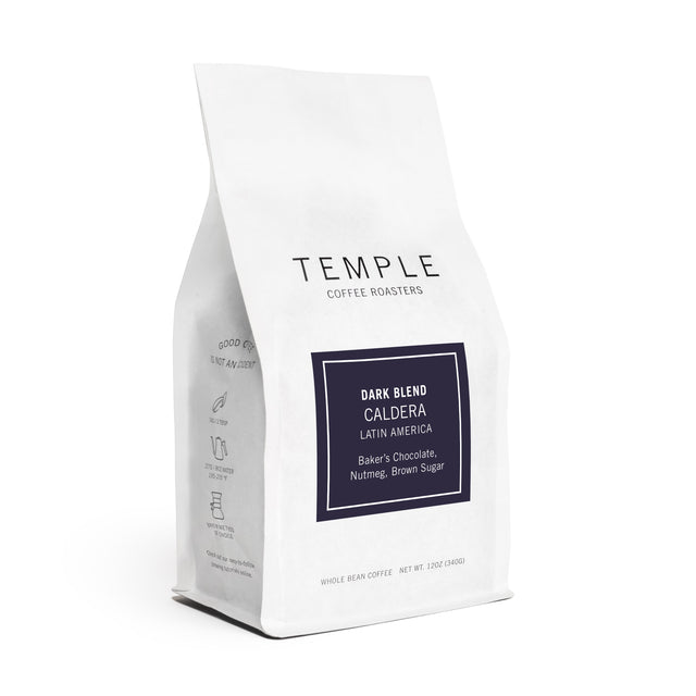 Temple Coffee Roasters Dark Blend Caldera Latin America bag shown at an angle with a purple label