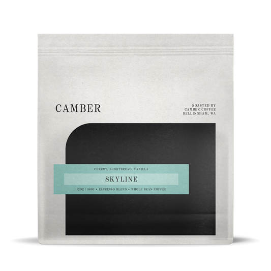 Camber Coffee Skyline espresso bag with teal label on a light bag over a black rounded inset.