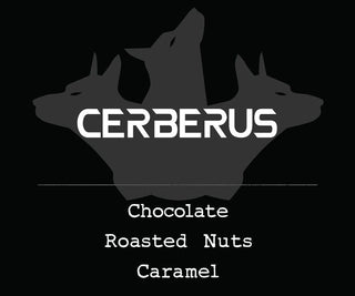 Cerberus coffee label with three dog silhouettes on a black background and chocolate roasted nuts caramel text
