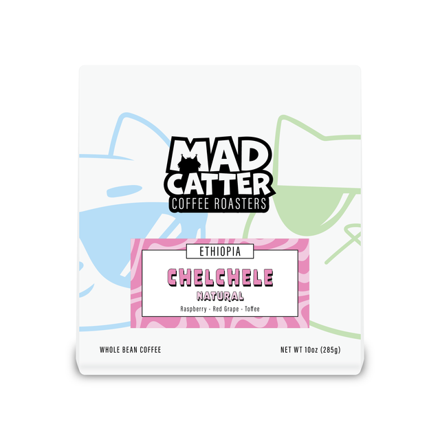 Mad Catter Coffee Roasters packaging featuring Chelchele Ethiopia natural coffee label against bold colorful art