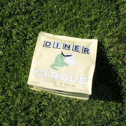 Diner coffee bag on grass featuring a cartoon dinosaur illustration