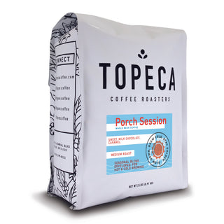 Topeca Porch Session coffee bag with bold logo and blue label