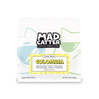 Santa Maria Colombia coffee bag by Mad Catter Coffee Roasters showing washed process, medium roast with tasting notes cane sugar tangerine honey