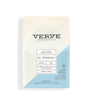 Verve Costa Rica El Vendaval single origin coffee bag with white body and light blue diagonal panel