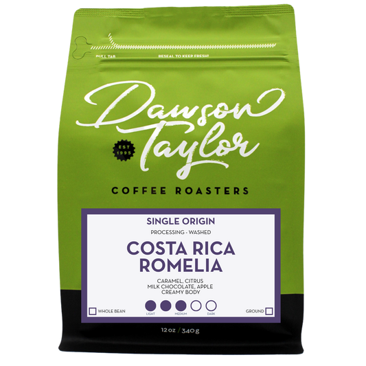 Bright green Costa Rica Romelia single origin coffee bag with bold white script label