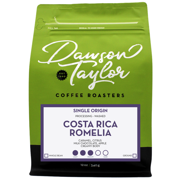 Bright green Costa Rica Romelia single origin coffee bag with bold white script label