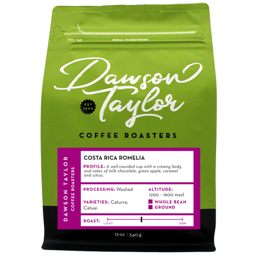 Costa Rica Romelia Dawson Taylor coffee bag with a purple information panel detailing flavor notes and origin