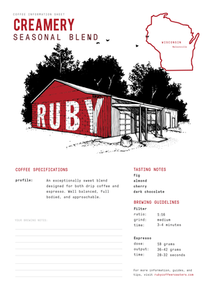 Creamery Seasonal Blend information sheet featuring Ruby red barn graphic and Wisconsin map