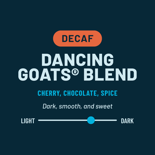 Decaf Dancing Goats blend label on dark teal background with orange Decaf badge and bold Dancing Goats text