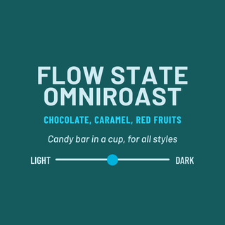 Flow State Omniroast coffee bag on teal background with bold white logo and flavor notes of chocolate caramel and red fruits