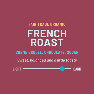 Front of Dancing Goats Organic Fair-Trade French Roast bag with French Roast title flavor notes crème brûlée chocolate sugar and roast level slider