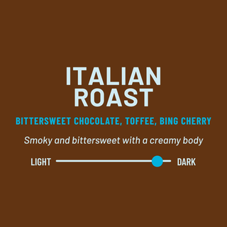 Dancing Goats Italian Roast coffee bag with bold ITALIAN ROAST on a brown panel and blue tasting notes banner