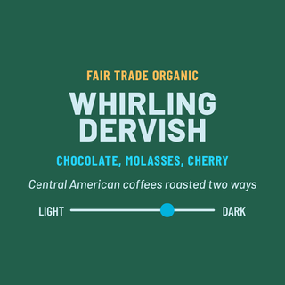 Dancing Goats Whirling Dervish coffee bag with teal label and bold WHIRLING DERVISH text against a two tone blue backdrop