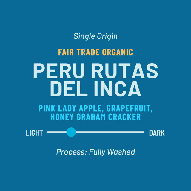 Peru Rutas Del Inca single origin coffee label with tasting notes pink lady apple grapefruit and honey graham cracker