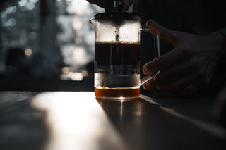 Barista using The BIRD coffee brewer with glass carafe and wooden top knob, pressure gauge visible