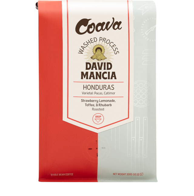 David Mancia Honduras coffee bag by Coava Coffee Roasters with white label and red bottom.