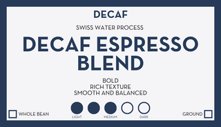 Blue bordered product card displaying Decaf Espresso Blend with Swiss Water Process.