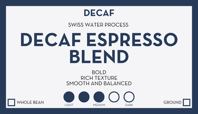 Blue bordered product card displaying Decaf Espresso Blend with Swiss Water Process.