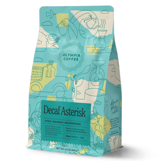 Decaf Asterisk bag from Olympia Coffee Roasting Company features teal packaging with abstract line art and yellow accents.