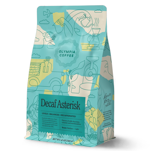 Decaf Asterisk bag from Olympia Coffee Roasting Company features teal packaging with abstract line art and yellow accents.