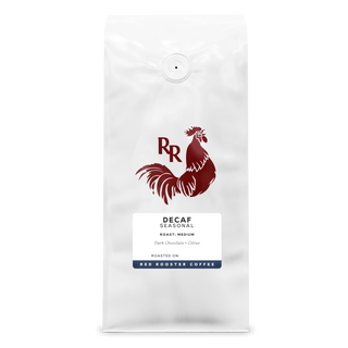 White Red Rooster Coffee bag with a central seal and Decaf Seasonal label