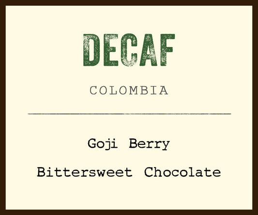 Decaf Colombia coffee bag with a large DECAF label and Colombia text