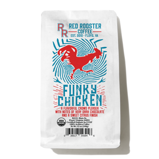 Organic DECAF Funky Chicken coffee bag with white packaging and bold red rooster graphic