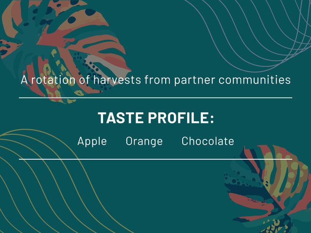 Teal Colombia Community banner with abstract leaves and curved lines and the headline A rotation of harvests from partner communities and Taste Profile Apple Orange Chocolate