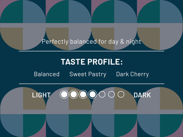 Taste profile panel on Kaldi's coffee bag featuring geometric art and flavor notes balanced sweet pastry and dark cherry.