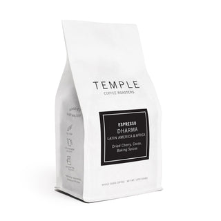 Dharma Espresso Blend bag from Temple Coffee Roasters angled to showcase Temple branding.