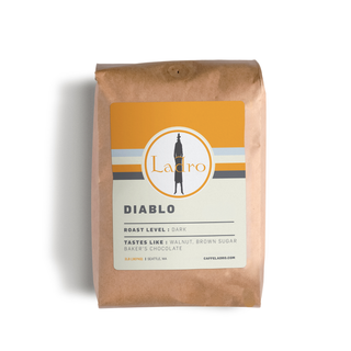 Ladro Diablo coffee bag with an orange top and circular Ladro logo on a kraft label